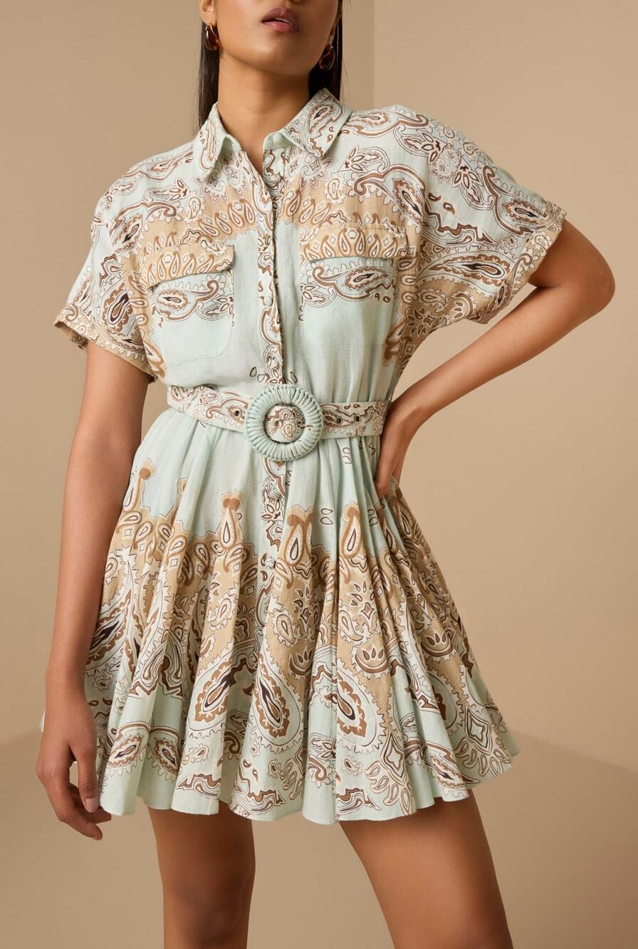 Hemant & Nandita Sage Paisley Print Belted Mini Shirt Dress Size L